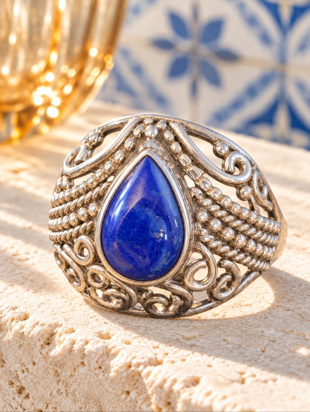 925 Sterling Silver Lapis Lazuli Teardrop Filigree Statement Ring Size 6.5